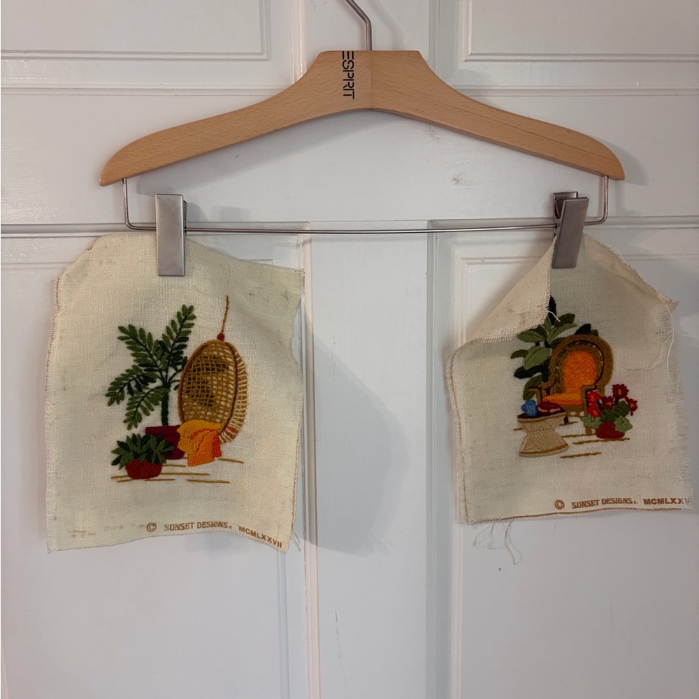 Vintage Sunset 370 & 371 Completed Crewel Embroidery Rattan Chairs and Plants